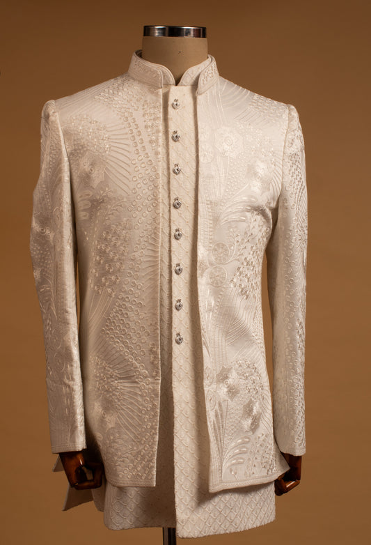 Ivory Textured Embroidered Sherwani
