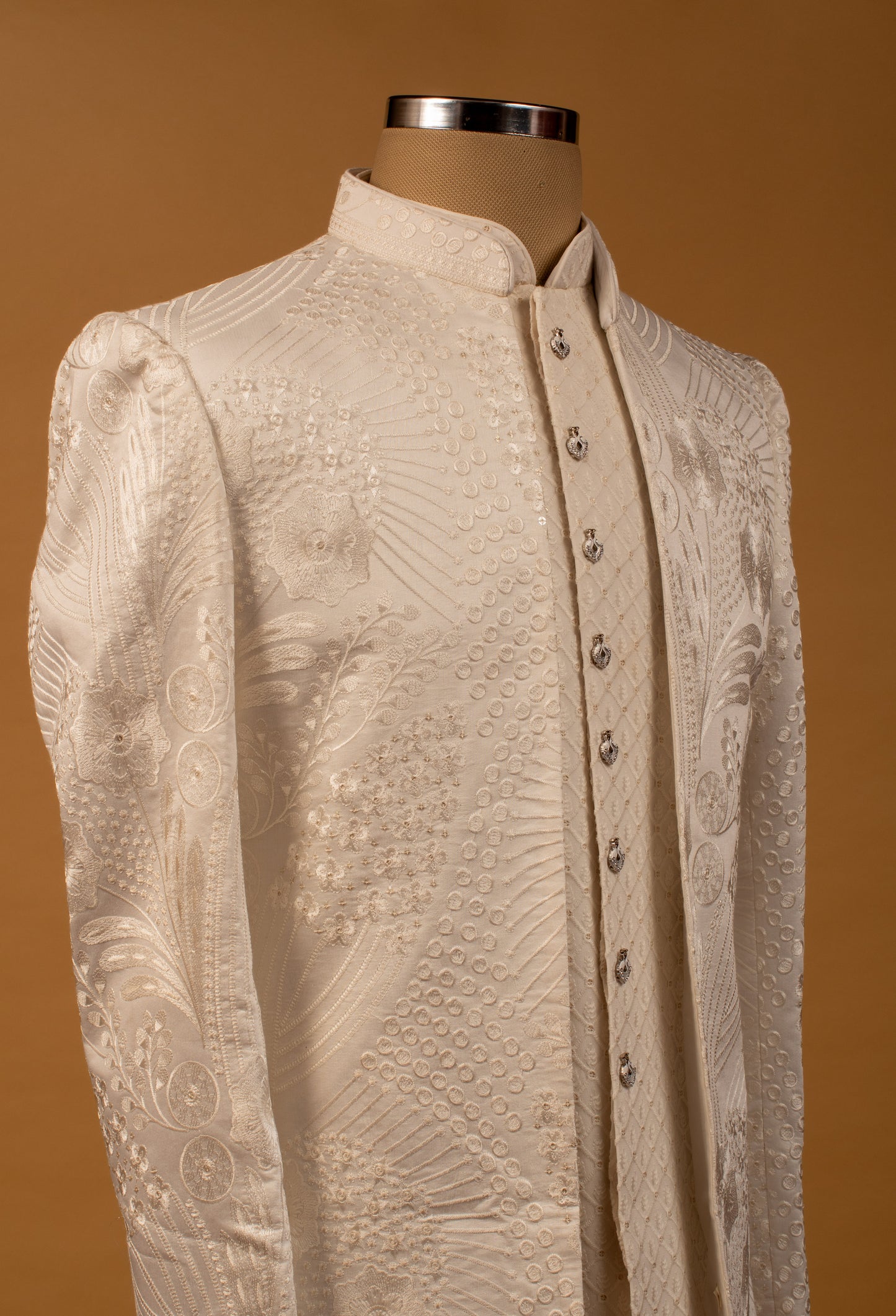 Ivory Textured Embroidered Sherwani