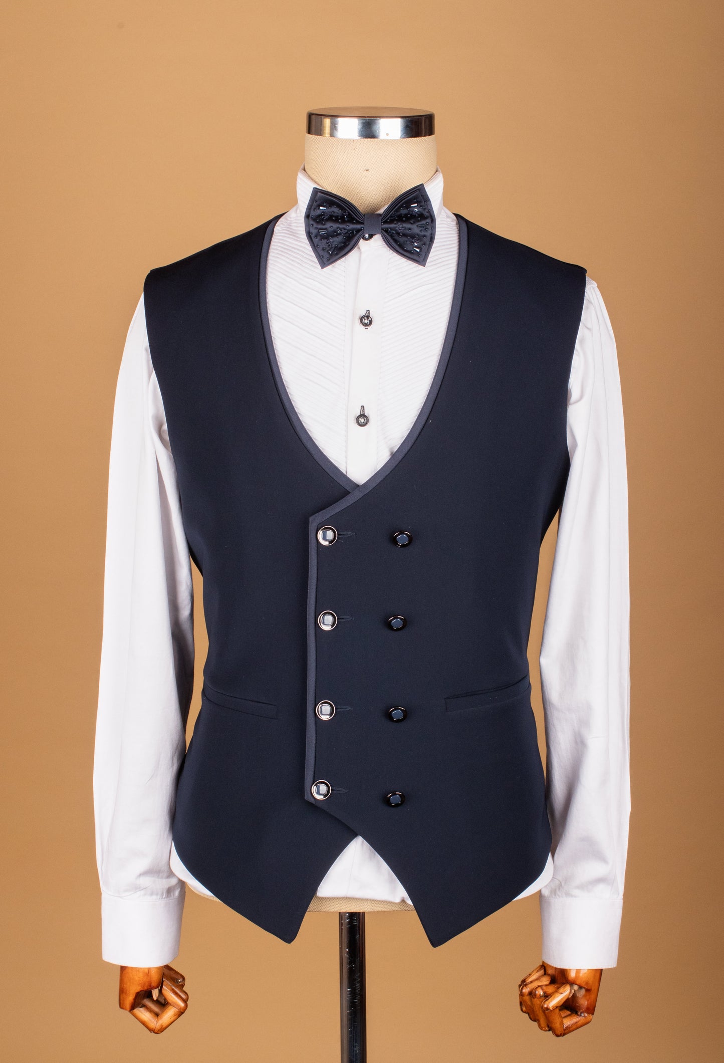 Midnight Blue Embellished Suit with Satin Lapel and Hand-Beaded Detailing