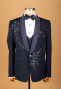 Midnight Blue Embellished Suit with Satin Lapel and Hand-Beaded Detailing