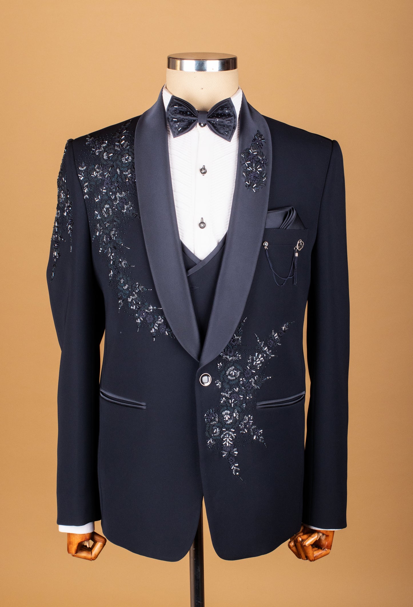 Midnight Blue Embellished Suit with Satin Lapel and Hand-Beaded Detailing