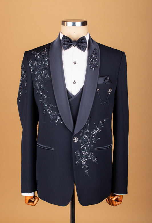 Midnight Blue Embellished Suit with Satin Lapel and Hand-Beaded Detailing