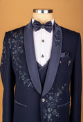 Midnight Blue Embellished Suit with Satin Lapel and Hand-Beaded Detailing