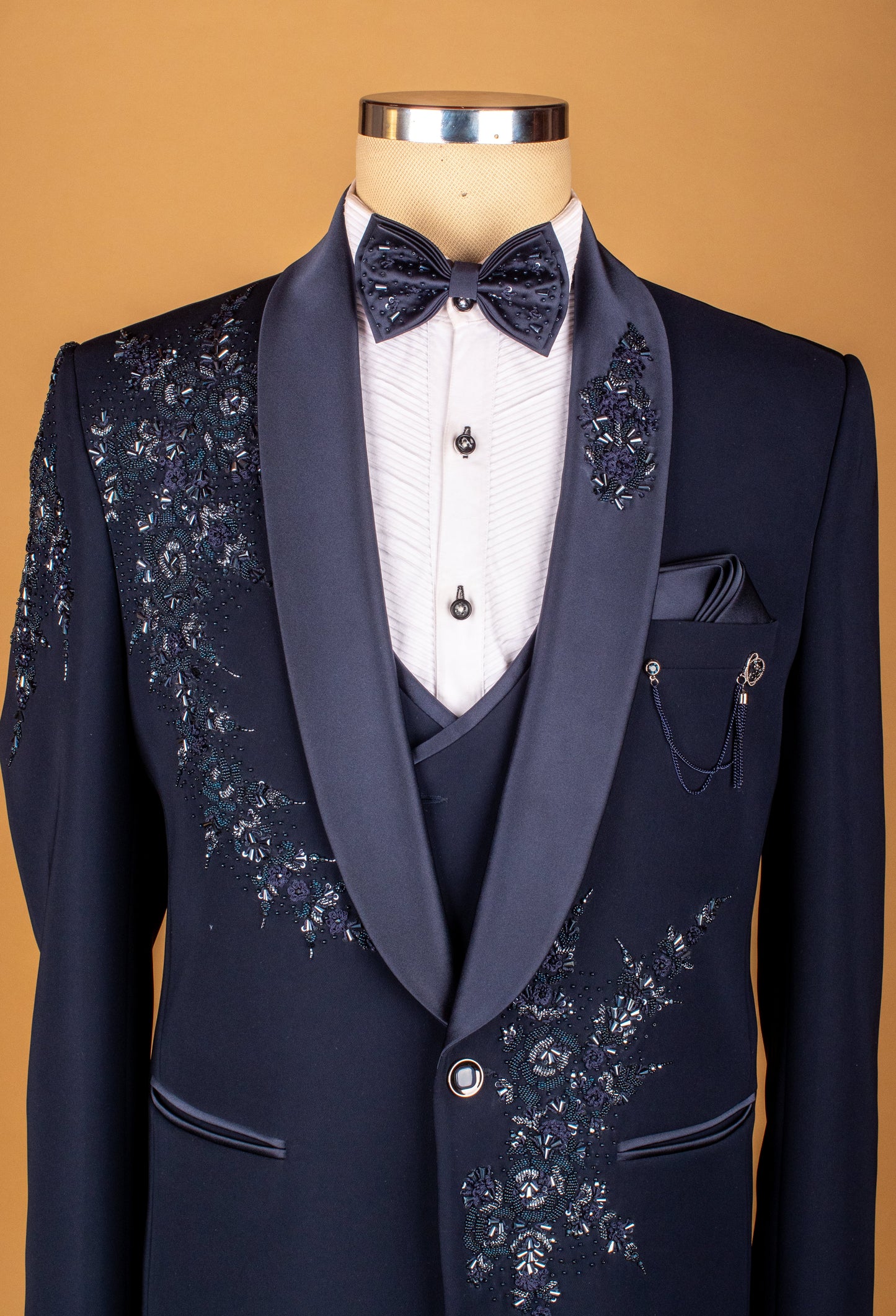 Midnight Blue Embellished Suit with Satin Lapel and Hand-Beaded Detailing