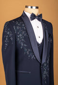 Midnight Blue Embellished Suit with Satin Lapel and Hand-Beaded Detailing