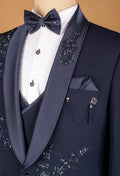 Midnight Blue Embellished Suit with Satin Lapel and Hand-Beaded Detailing