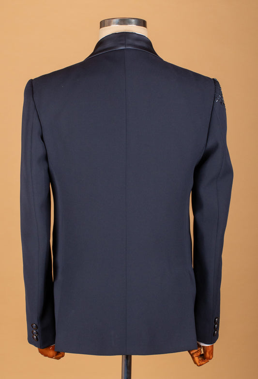 Midnight blue embellished suit with satin lapel and hand-beaded detailing – product image 2