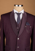 Plum Textured Three-Piece Suit with Satin Lapel and Chain Detail