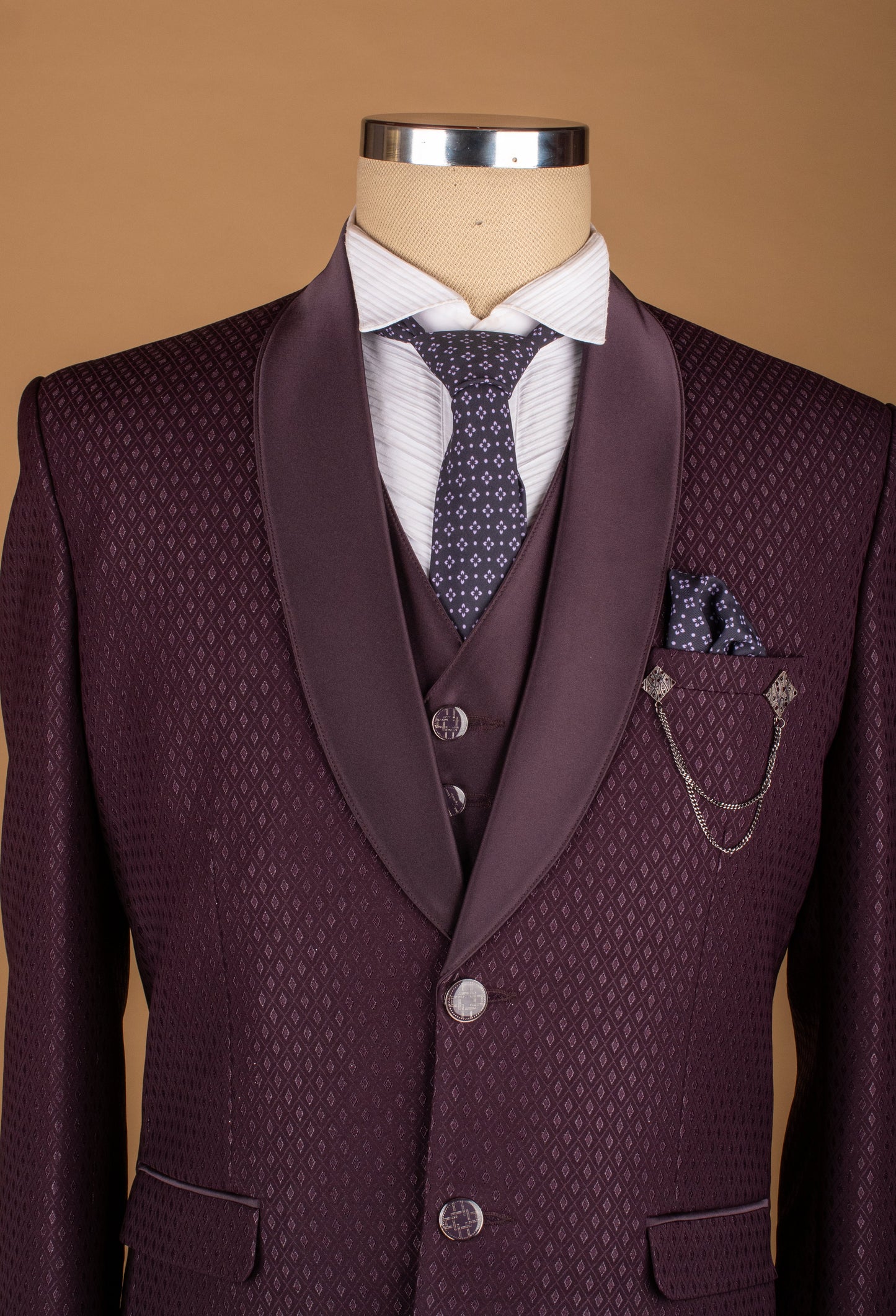 Plum Textured Three-Piece Suit with Satin Lapel and Chain Detail