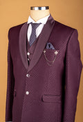 Plum Textured Three-Piece Suit with Satin Lapel and Chain Detail