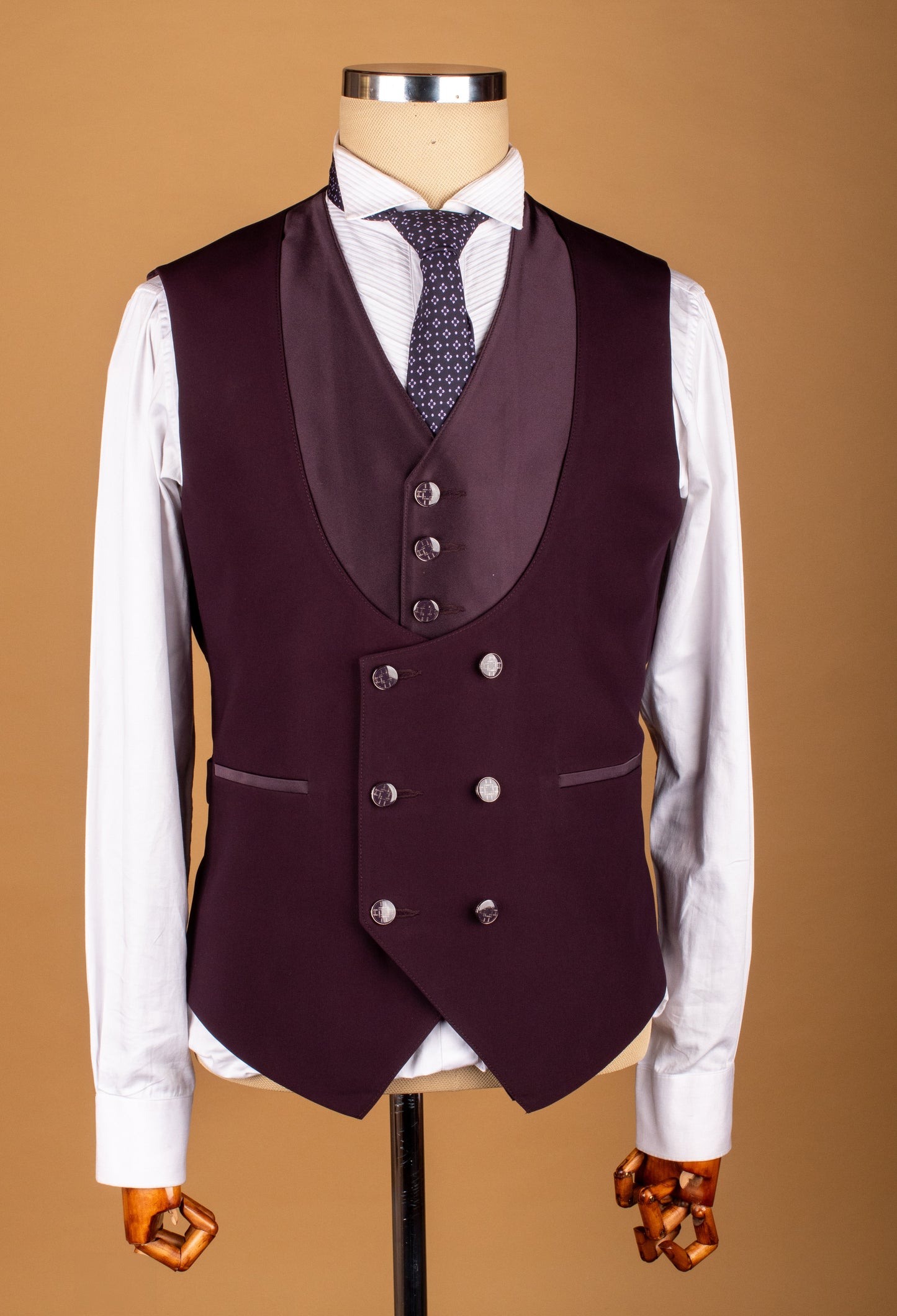 Plum Textured Three-Piece Suit with Satin Lapel and Chain Detail