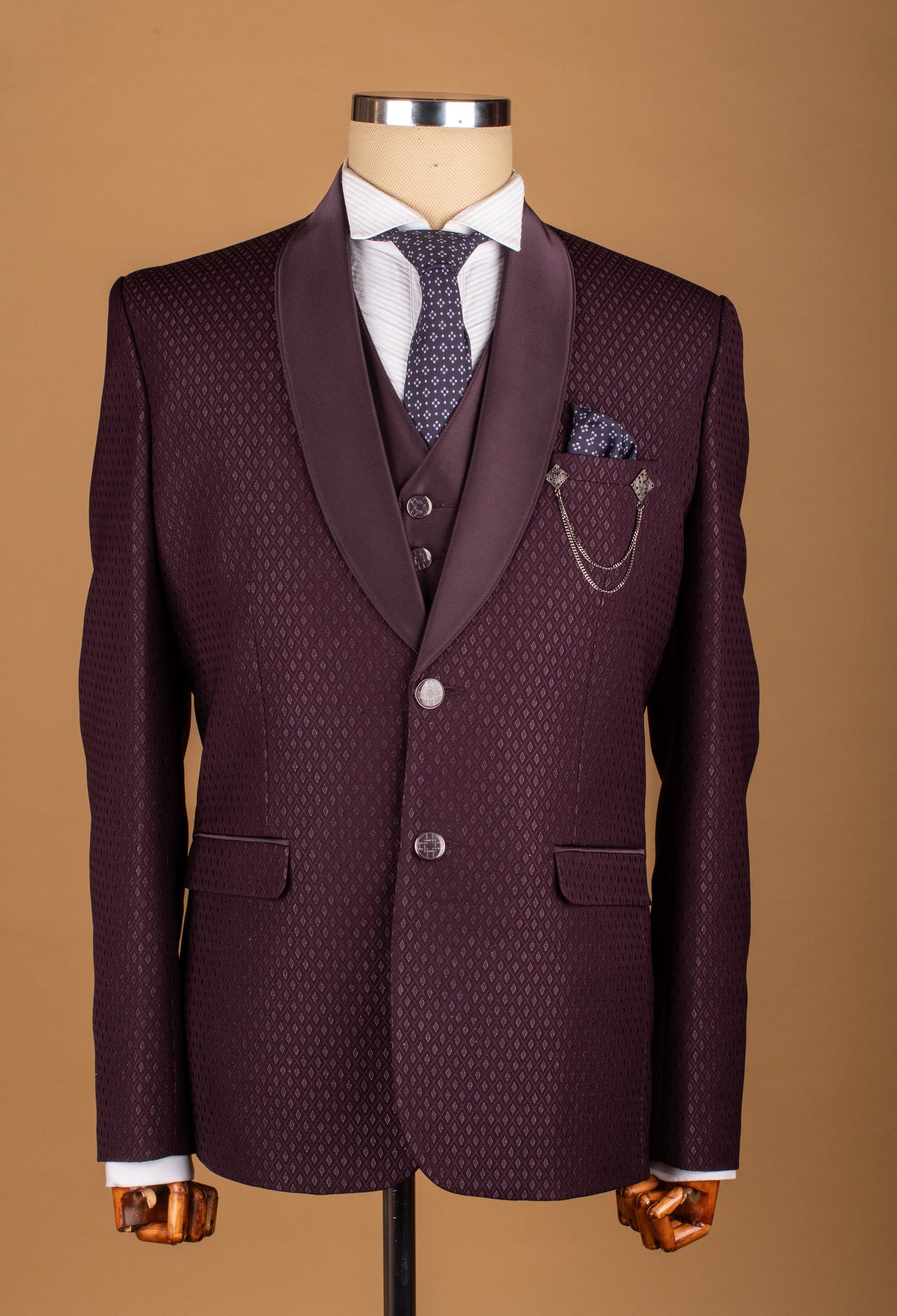 Plum Textured Three-Piece Suit with Satin Lapel and Chain Detail