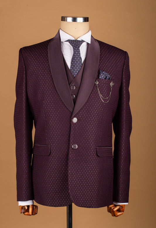 Plum Textured Three-Piece Suit with Satin Lapel and Chain Detail