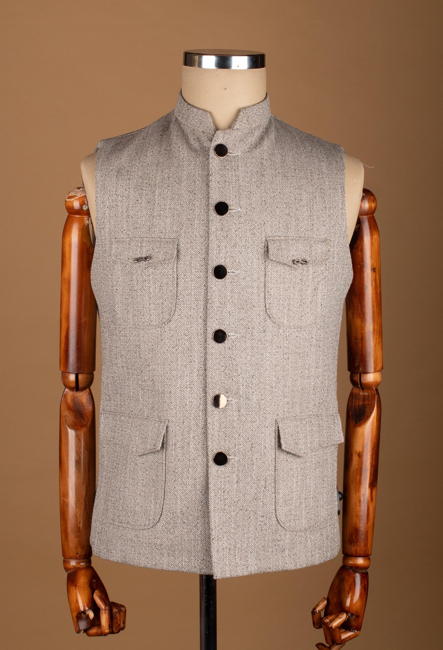 Grey Textured Nehru Jacket with Button Closure and Utility Pockets