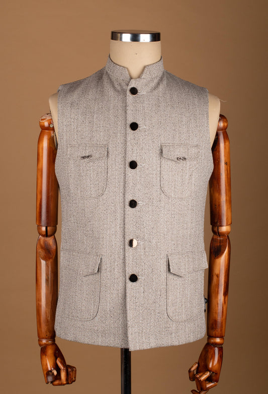 Grey Textured Nehru Jacket with Button Closure and Utility Pockets