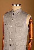Grey Textured Nehru Jacket with Button Closure and Utility Pockets
