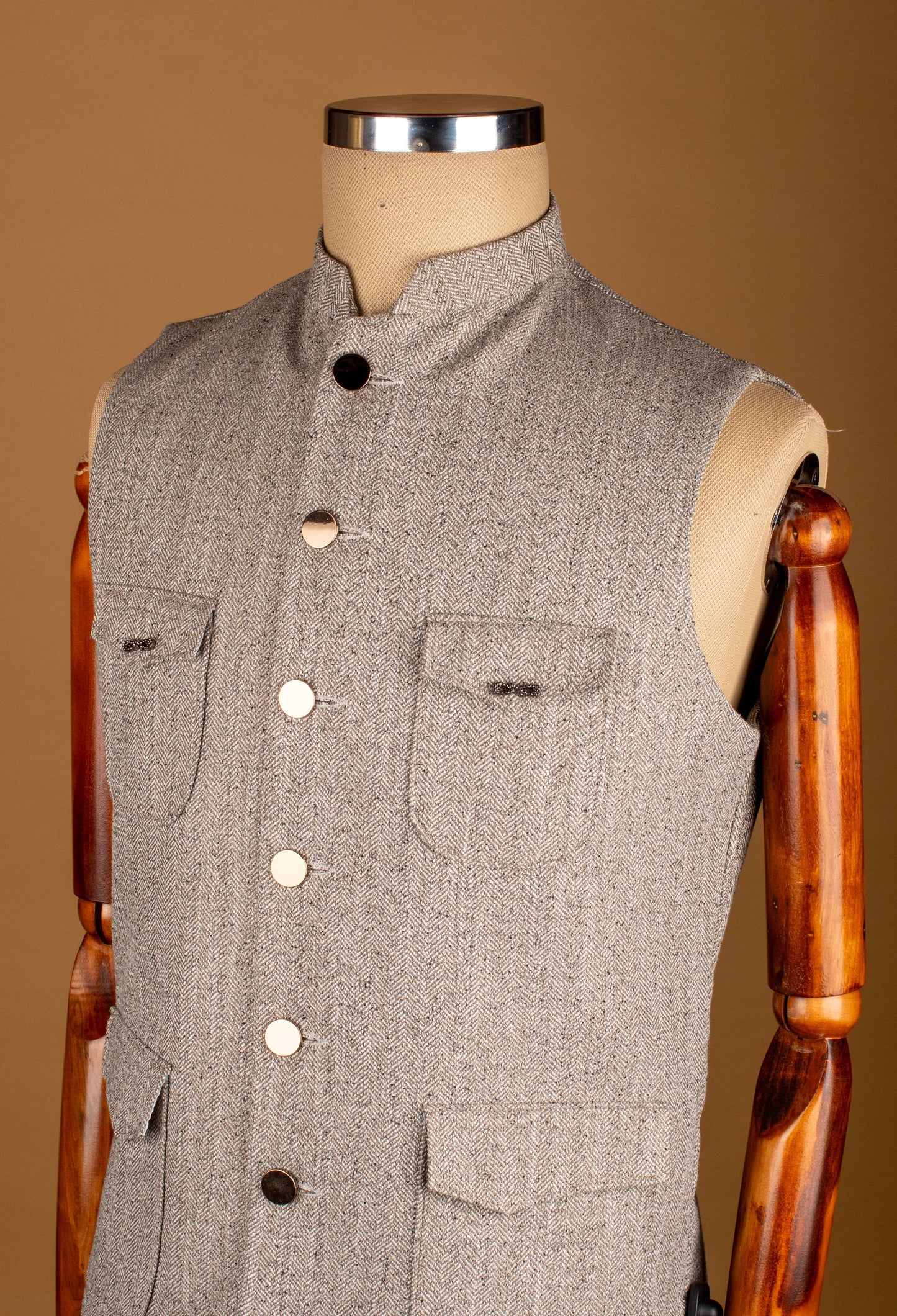 Grey Textured Nehru Jacket with Button Closure and Utility Pockets