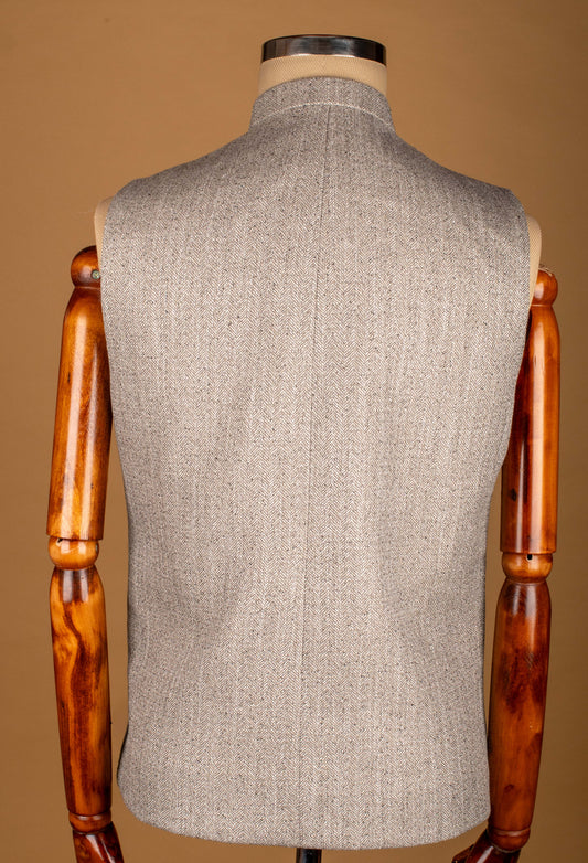 Grey Textured Nehru Jacket with Button Closure and Utility Pockets