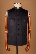 Black Classic Nehru Jacket with Front Utility Pockets