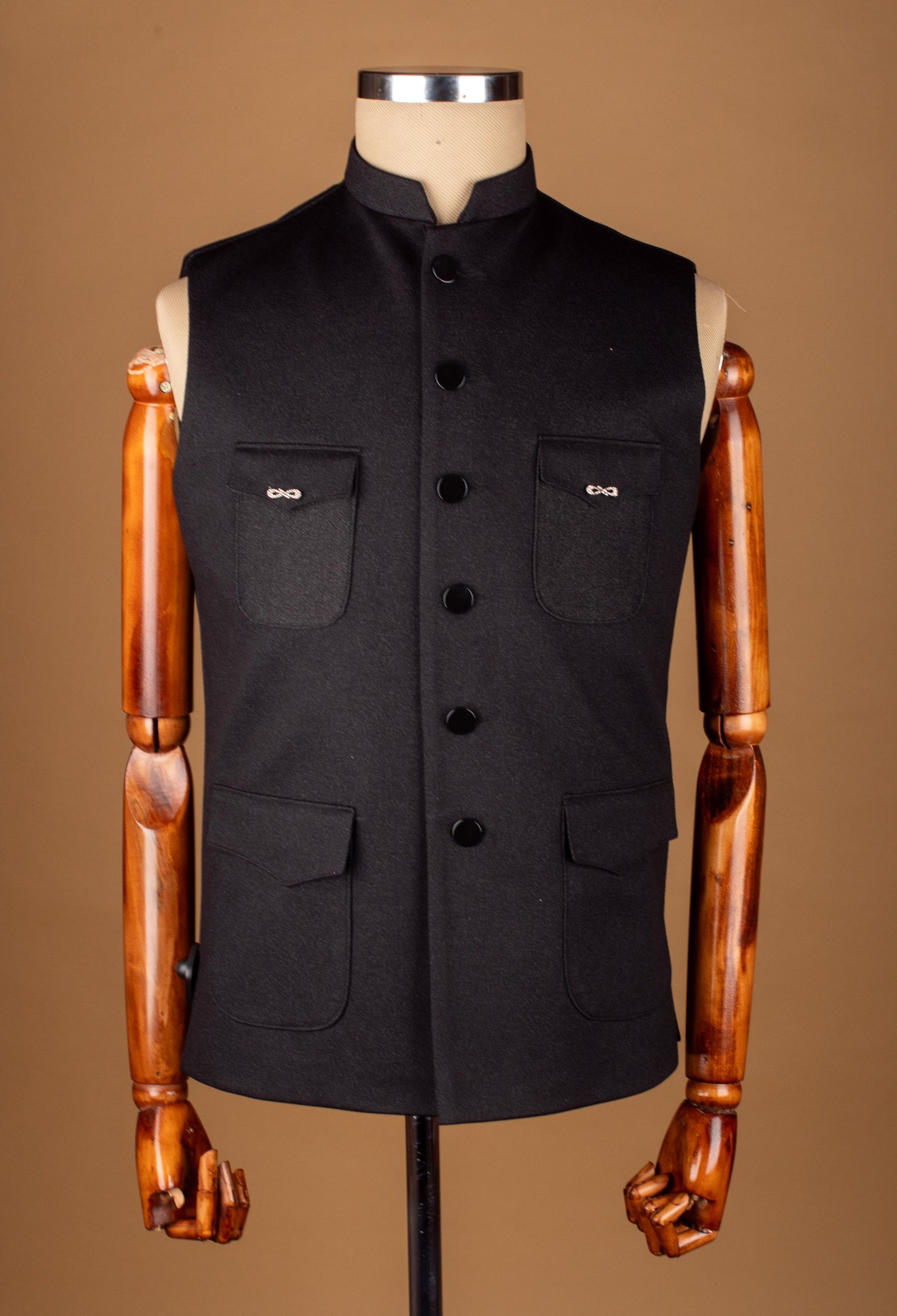 Black Classic Nehru Jacket with Front Utility Pockets