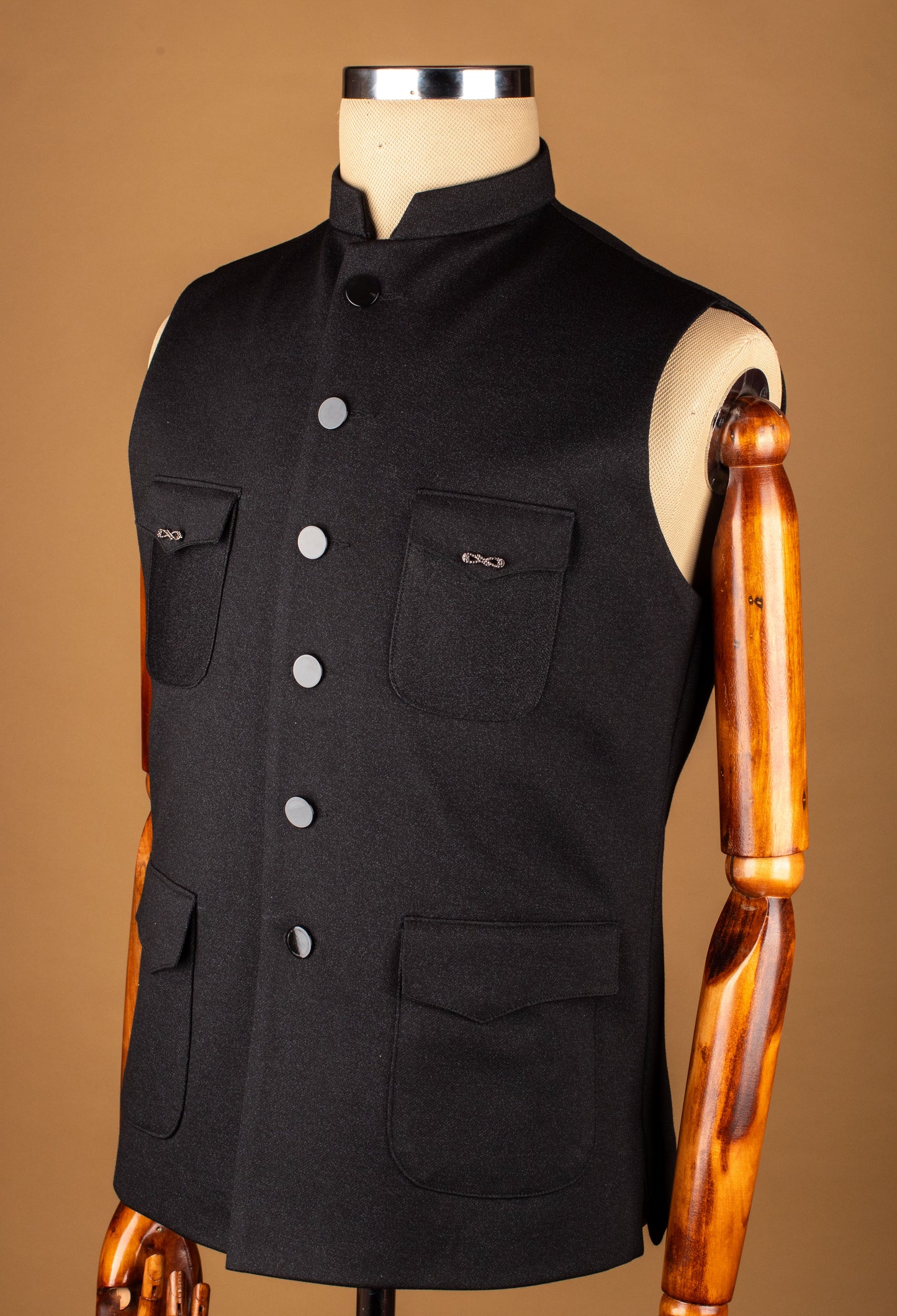 Black Classic Nehru Jacket with Front Utility Pockets