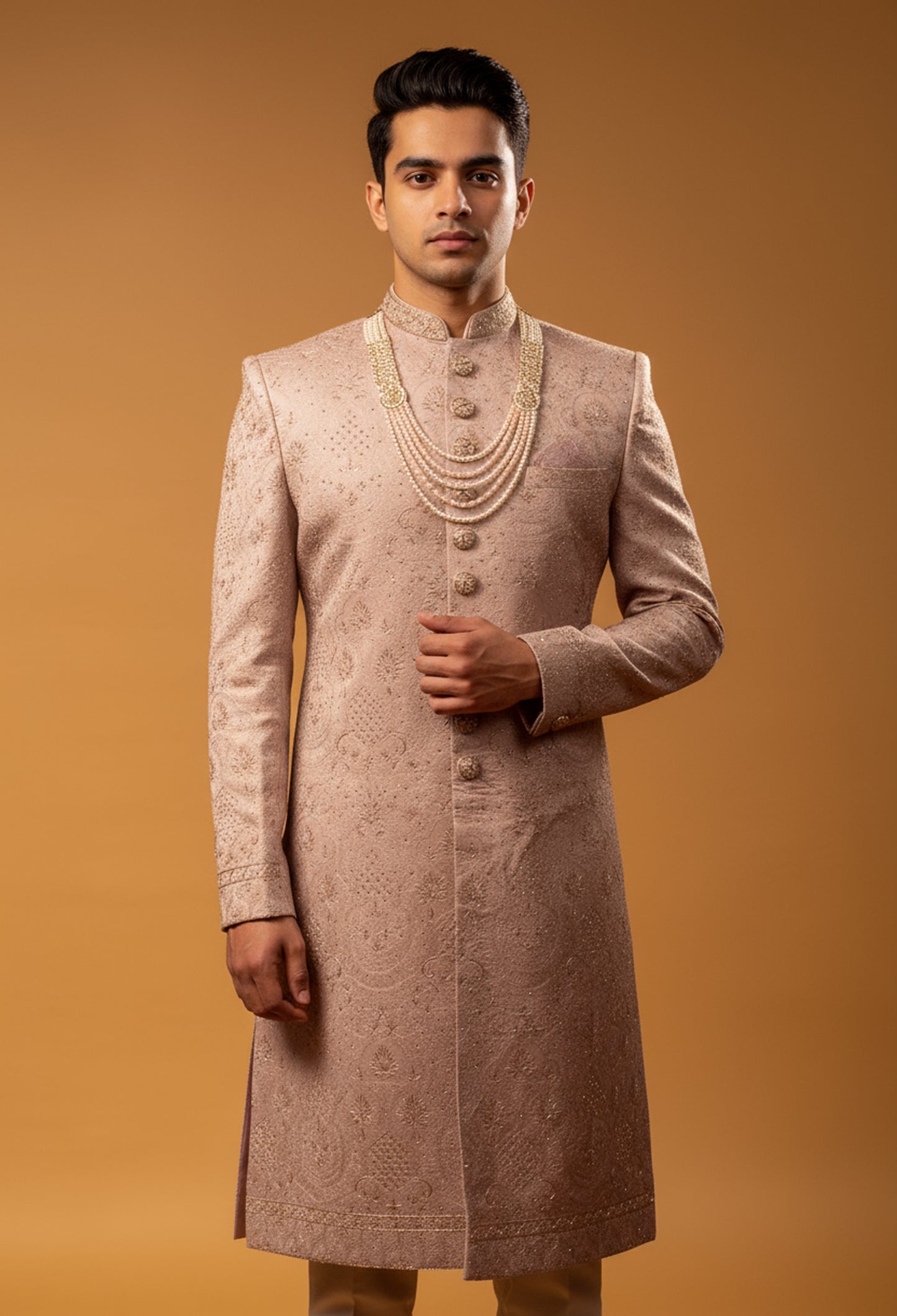 Rose Gold Embroidered Sherwani with Pearl Detailing