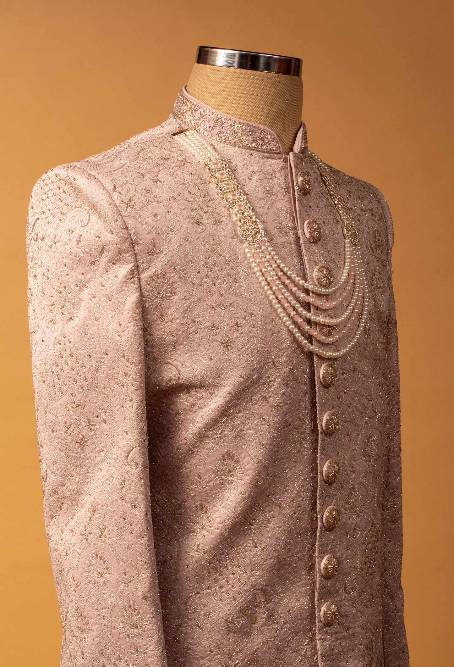 Rose Gold Embroidered Sherwani with Pearl Detailing