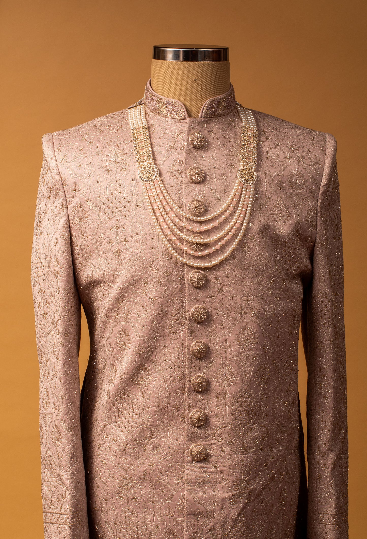 Rose Gold Embroidered Sherwani with Pearl Detailing