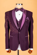 Plum Embellished Suit with Satin Lapel and Shoulder Beadwork