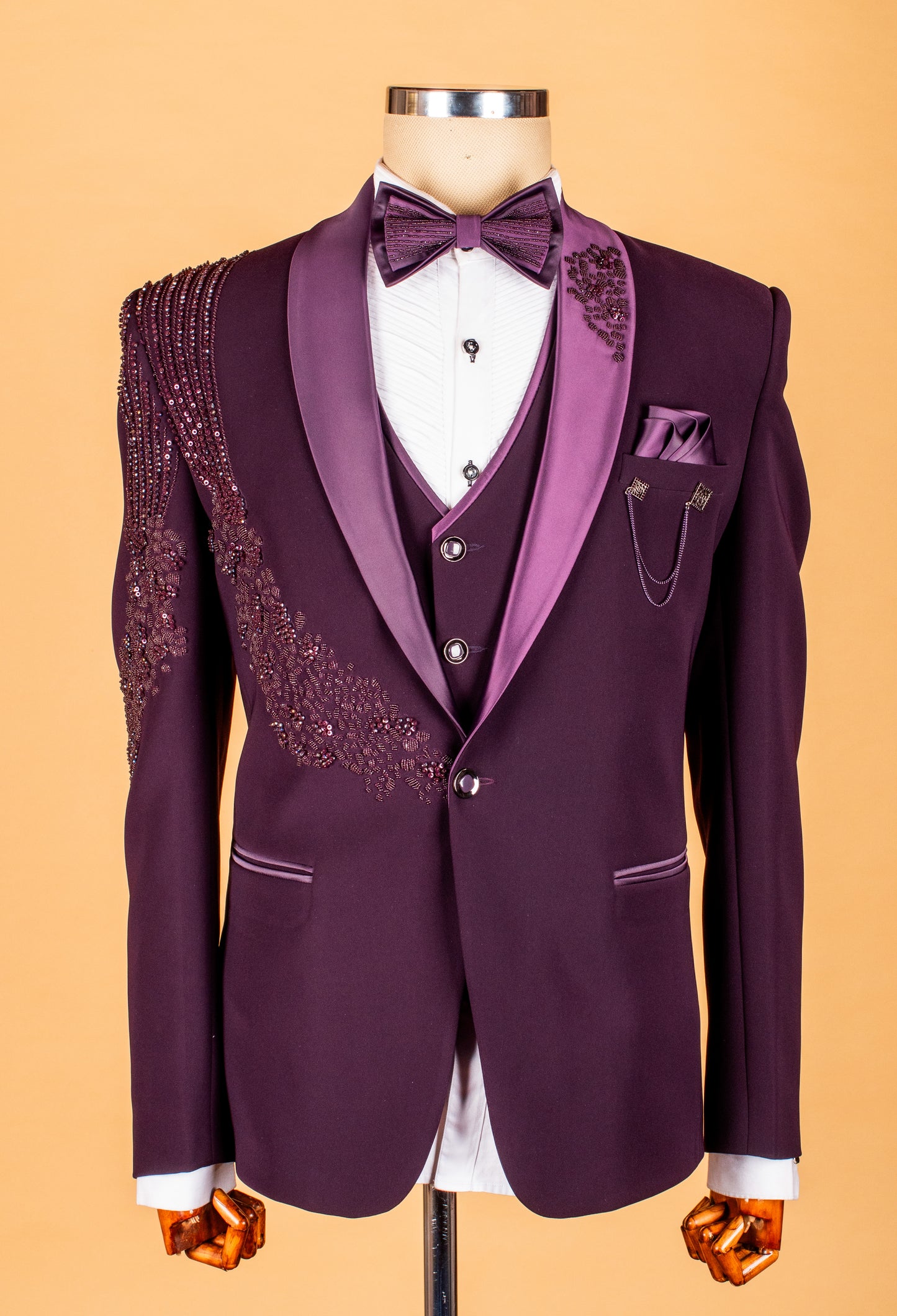 Plum Embellished Suit with Satin Lapel and Shoulder Beadwork