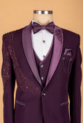 Plum Embellished Suit with Satin Lapel and Shoulder Beadwork