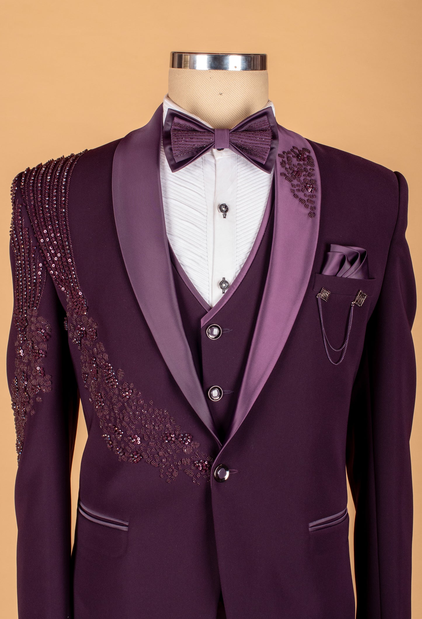 Plum Embellished Suit with Satin Lapel and Shoulder Beadwork