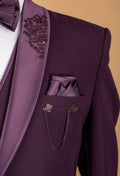 Plum Embellished Suit with Starburst Shoulder Detailing and Satin Lapel