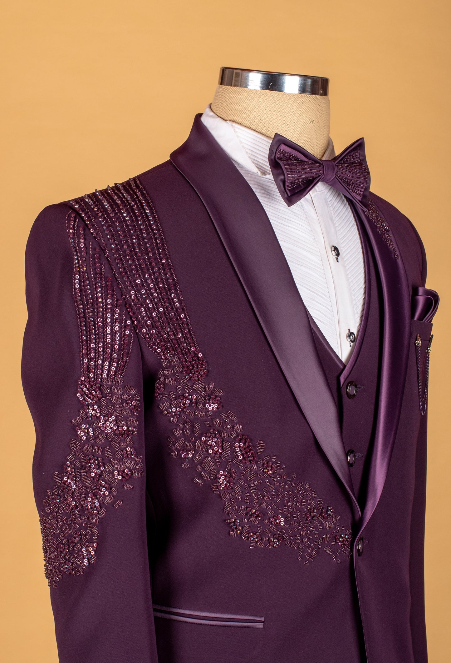 Plum Embellished Suit with Starburst Shoulder Detailing and Satin Lapel