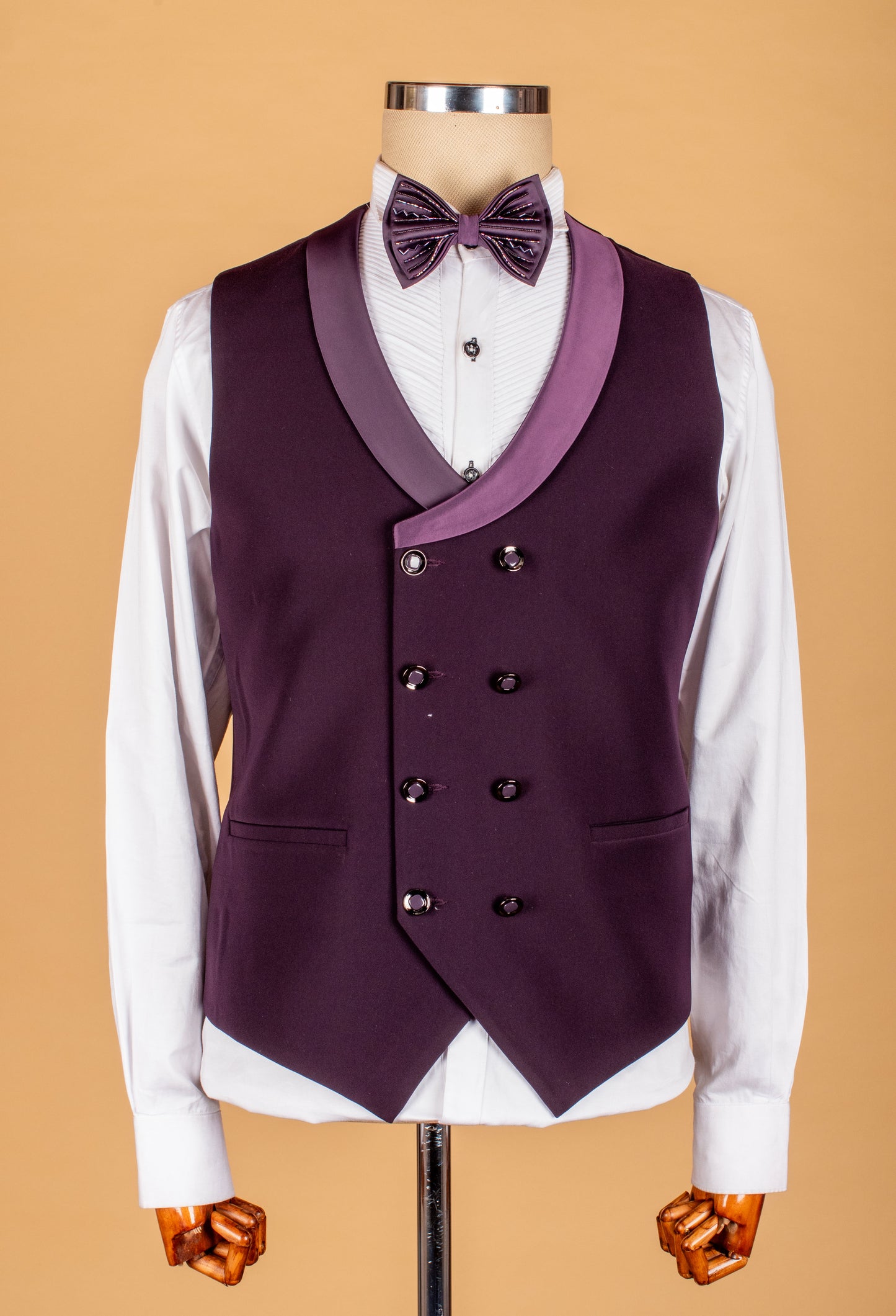 Plum Embellished Suit with Starburst Shoulder Detailing and Satin Lapel