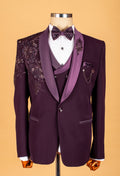 Plum Embellished Suit with Starburst Shoulder Detailing and Satin Lapel