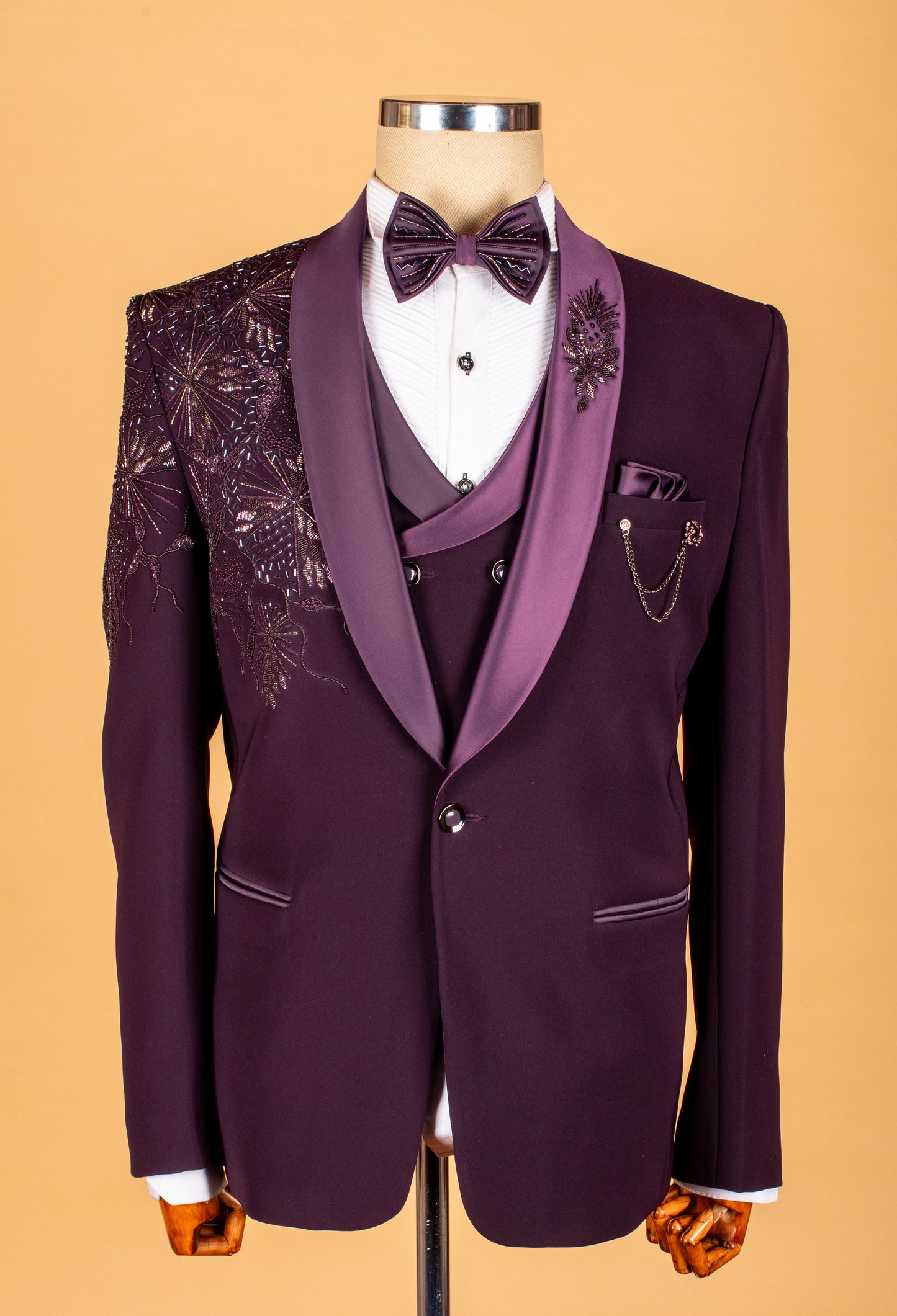 Plum Embellished Suit with Starburst Shoulder Detailing and Satin Lapel