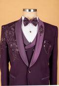 Plum Embellished Suit with Starburst Shoulder Detailing and Satin Lapel