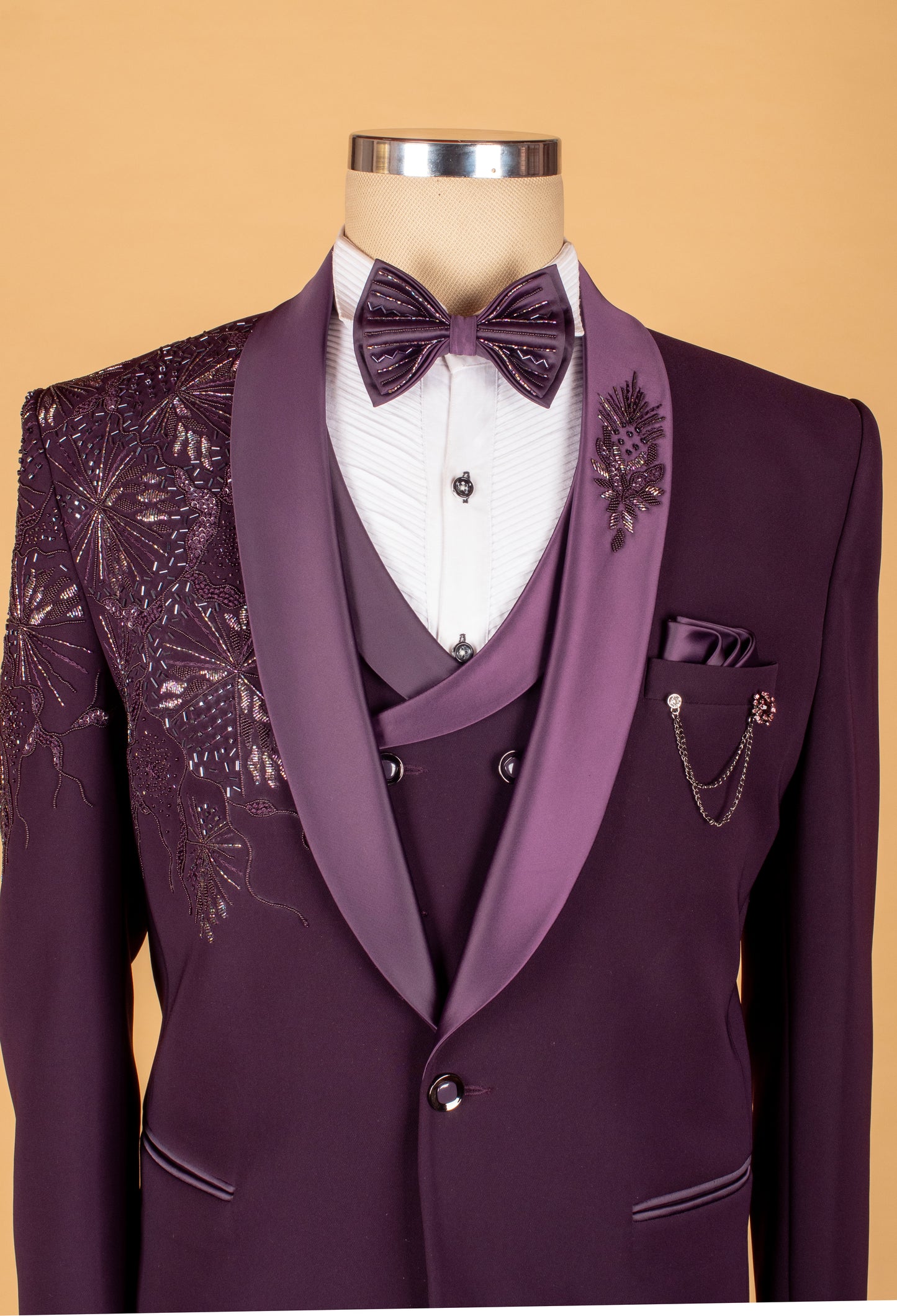 Plum Embellished Suit with Starburst Shoulder Detailing and Satin Lapel