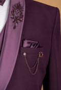Plum Embellished Suit with Starburst Shoulder Detailing and Satin Lapel