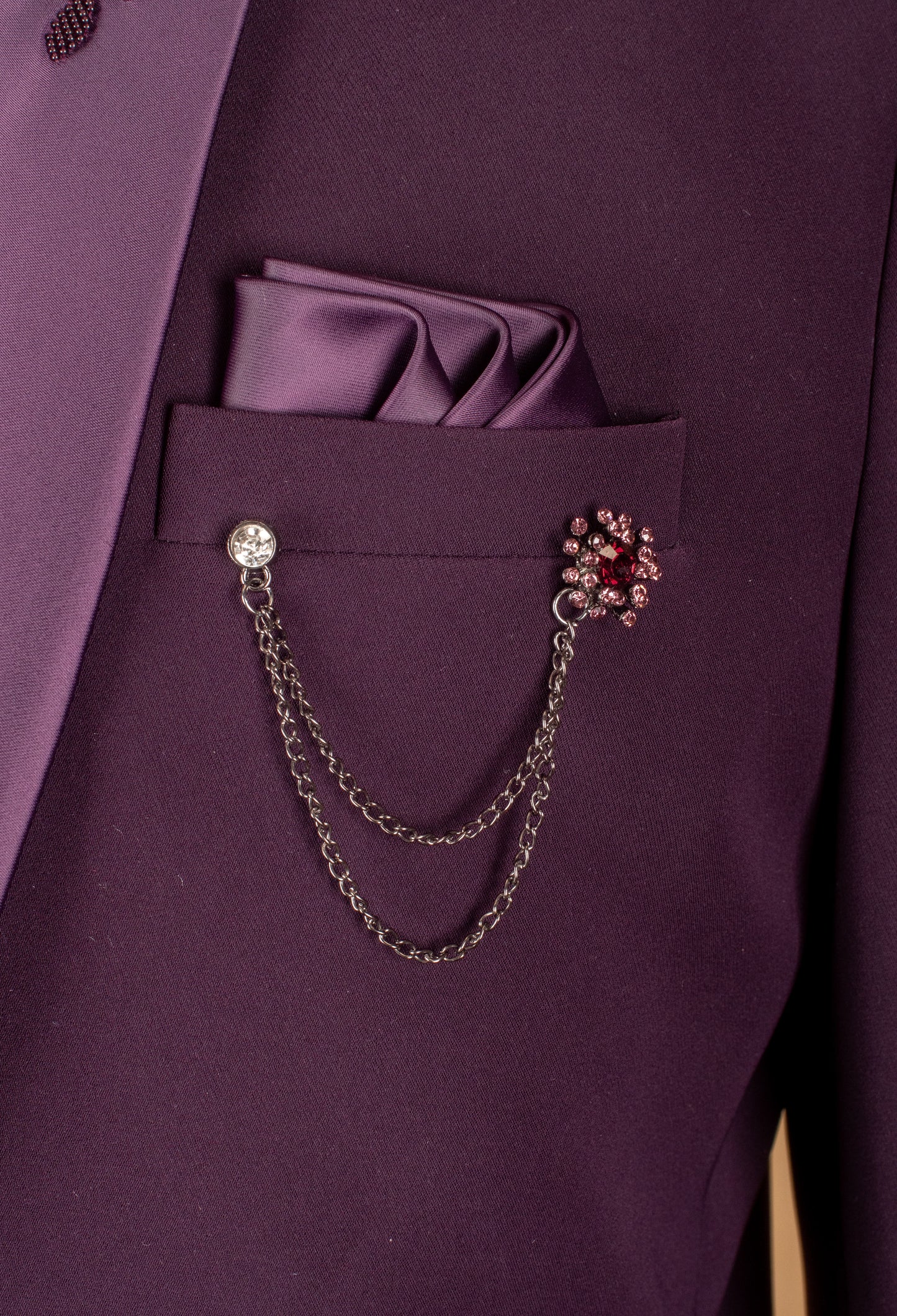 Plum Embellished Suit with Starburst Shoulder Detailing and Satin Lapel