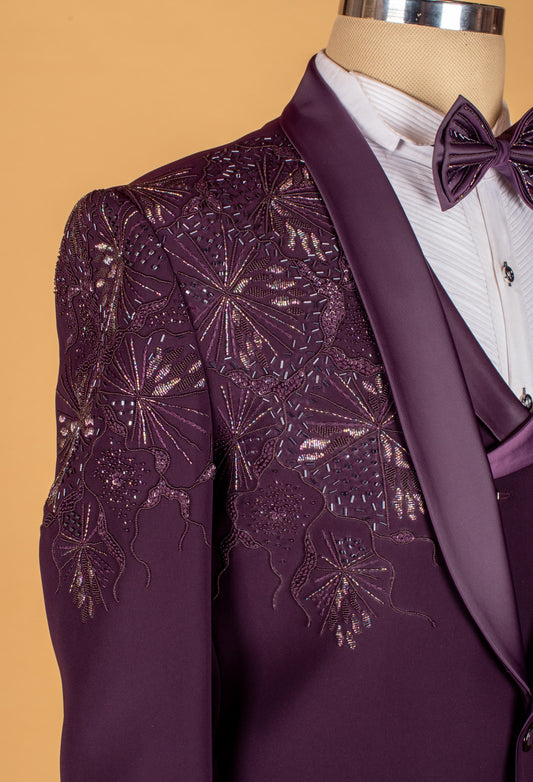 Plum embellished suit with starburst shoulder detailing and satin lapel – product image 2