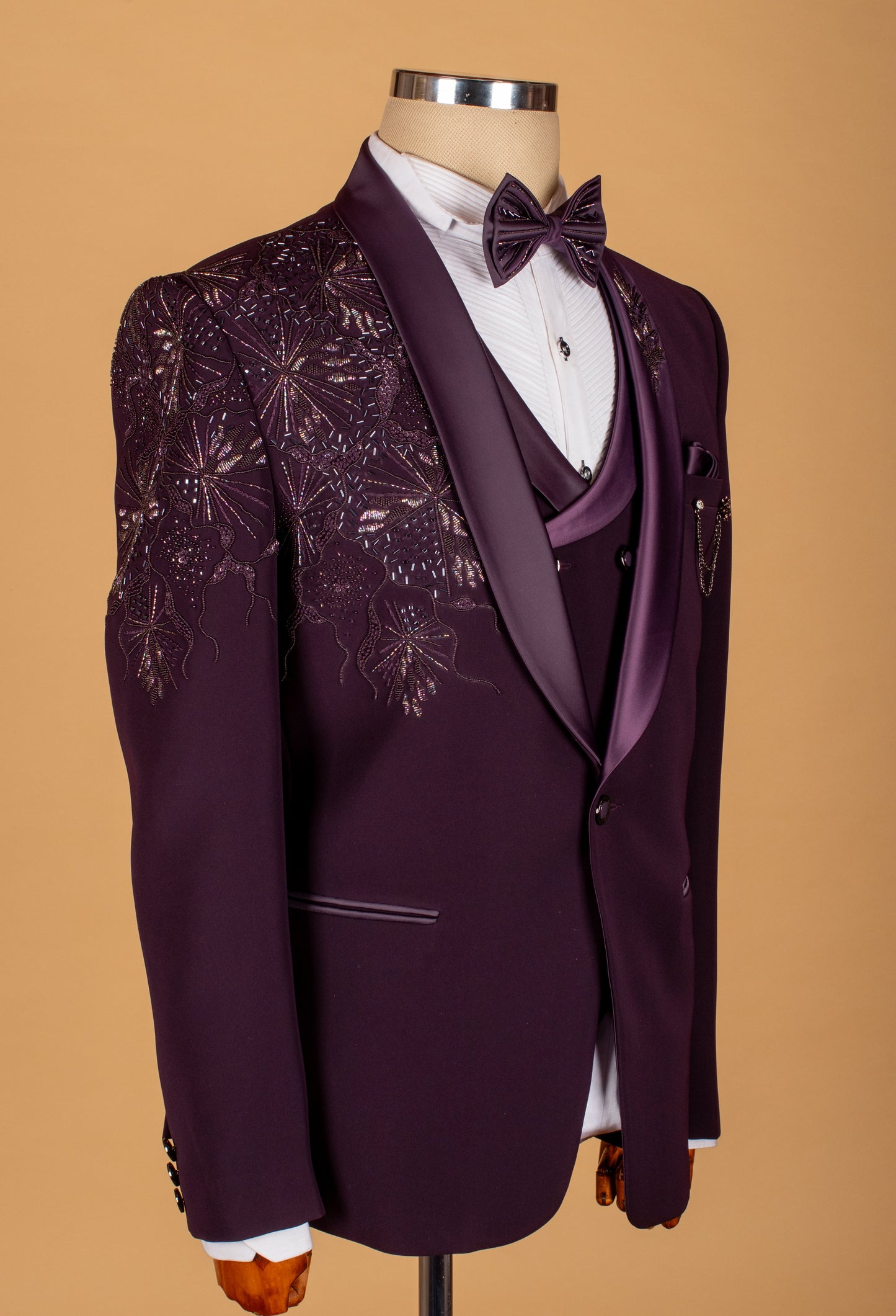 Plum Embellished Suit with Starburst Shoulder Detailing and Satin Lapel