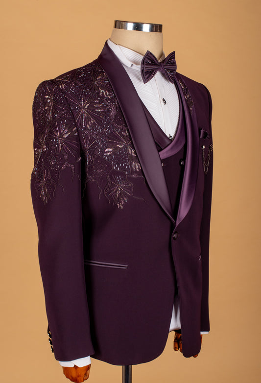 Plum Embellished Suit with Starburst Shoulder Detailing and Satin Lapel