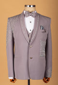 Taupe Embellished Three-Piece Suit with Beaded Detailing and Bow Tie