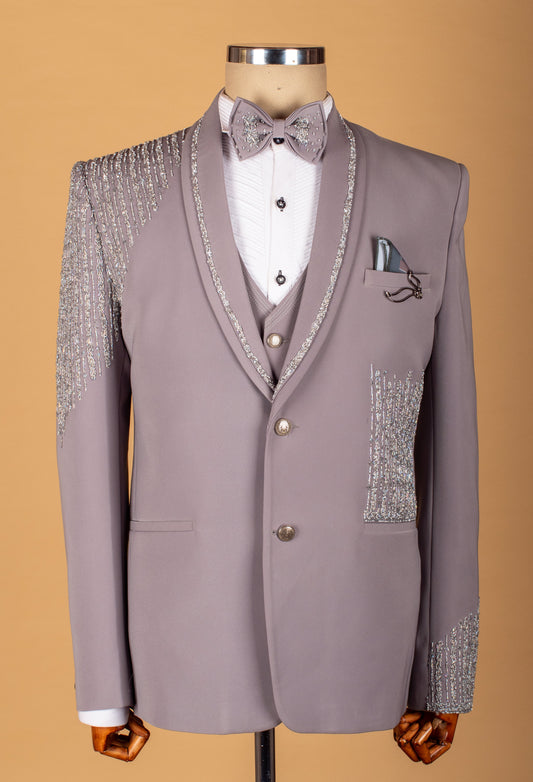 Taupe Embellished Three-Piece Suit with Beaded Detailing and Bow Tie
