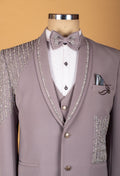 Taupe Embellished Three-Piece Suit with Beaded Detailing and Bow Tie
