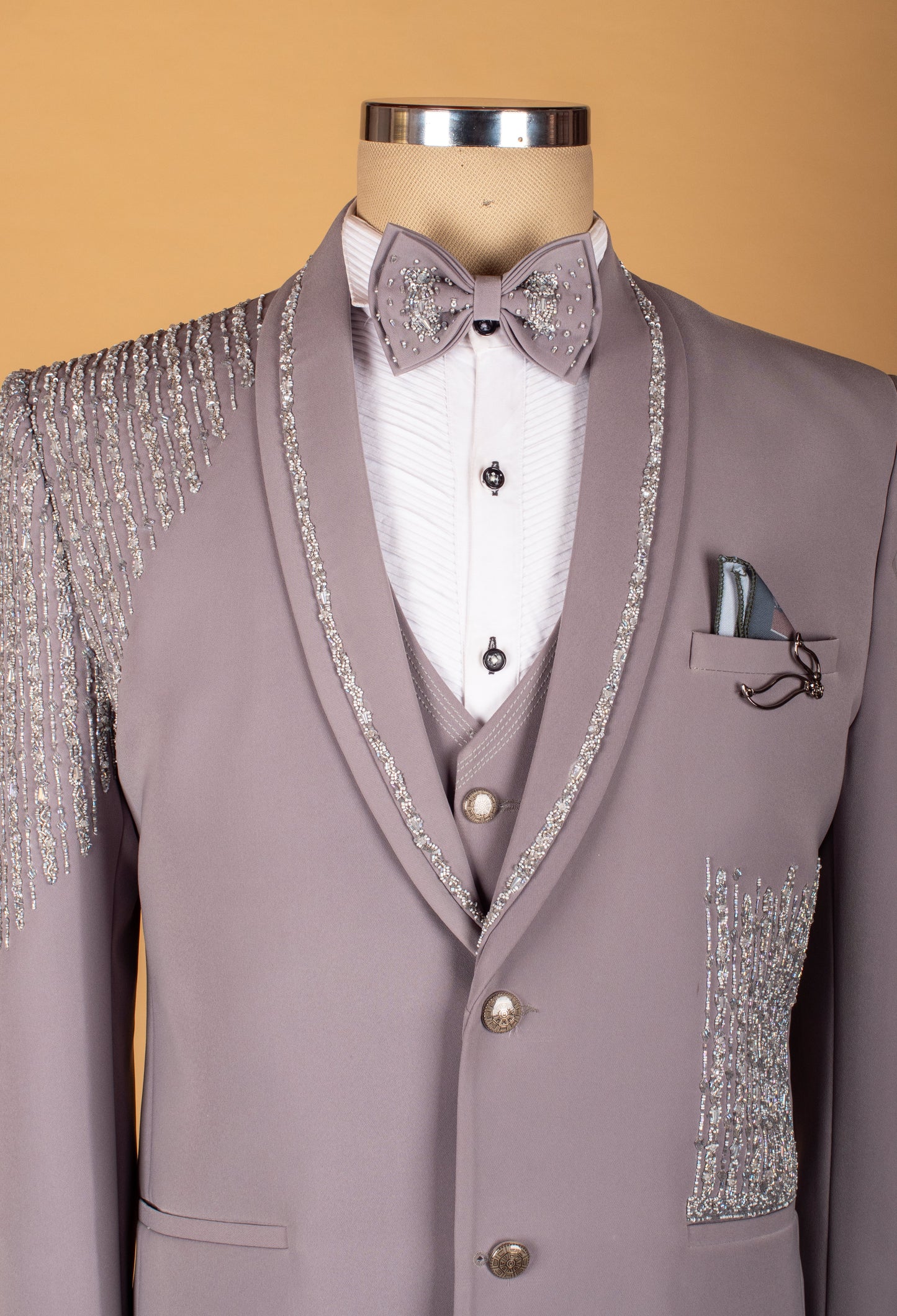 Taupe Embellished Three-Piece Suit with Beaded Detailing and Bow Tie