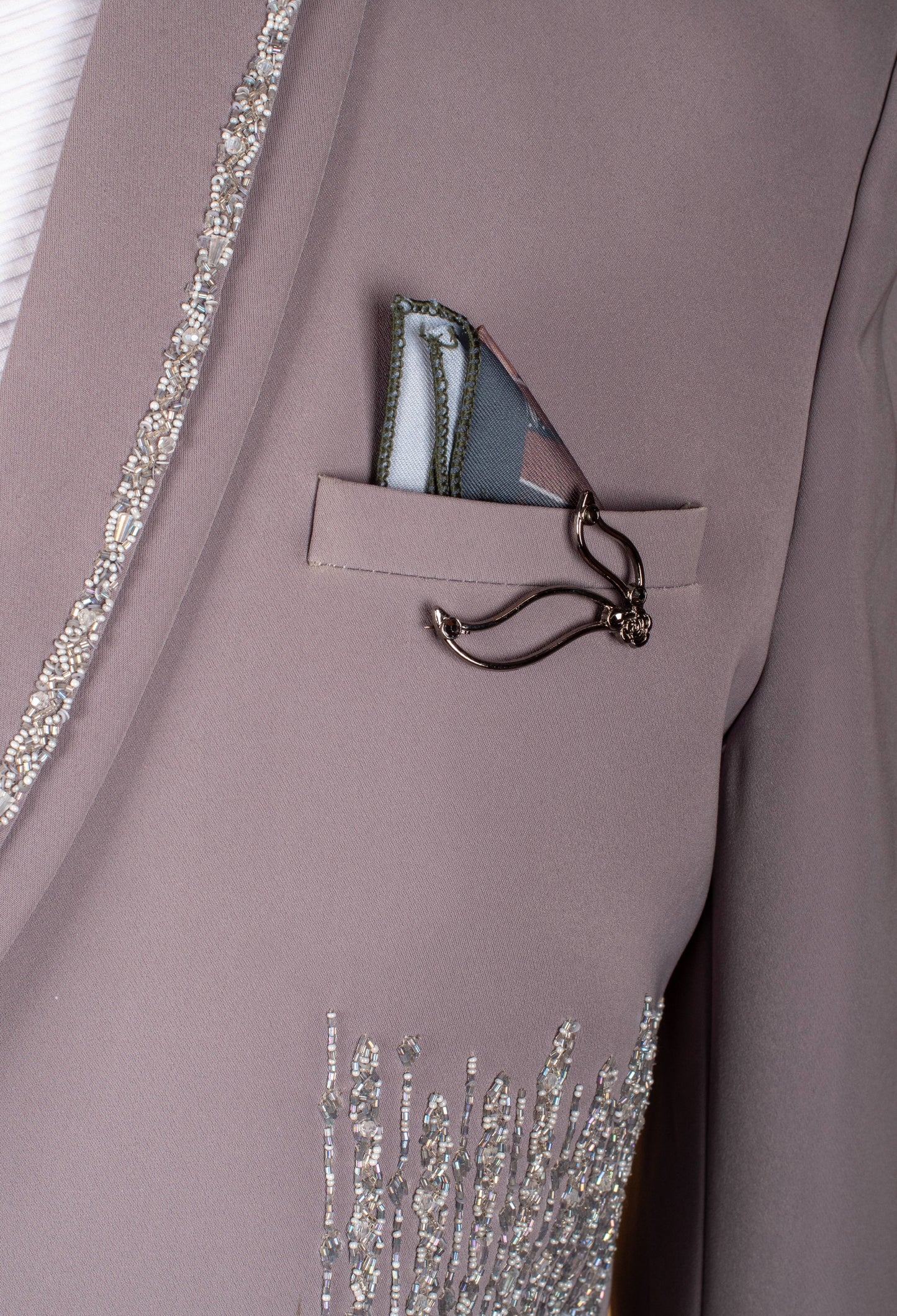 Taupe Embellished Three-Piece Suit with Beaded Detailing and Bow Tie