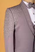 Taupe Embellished Three-Piece Suit with Beaded Detailing and Bow Tie